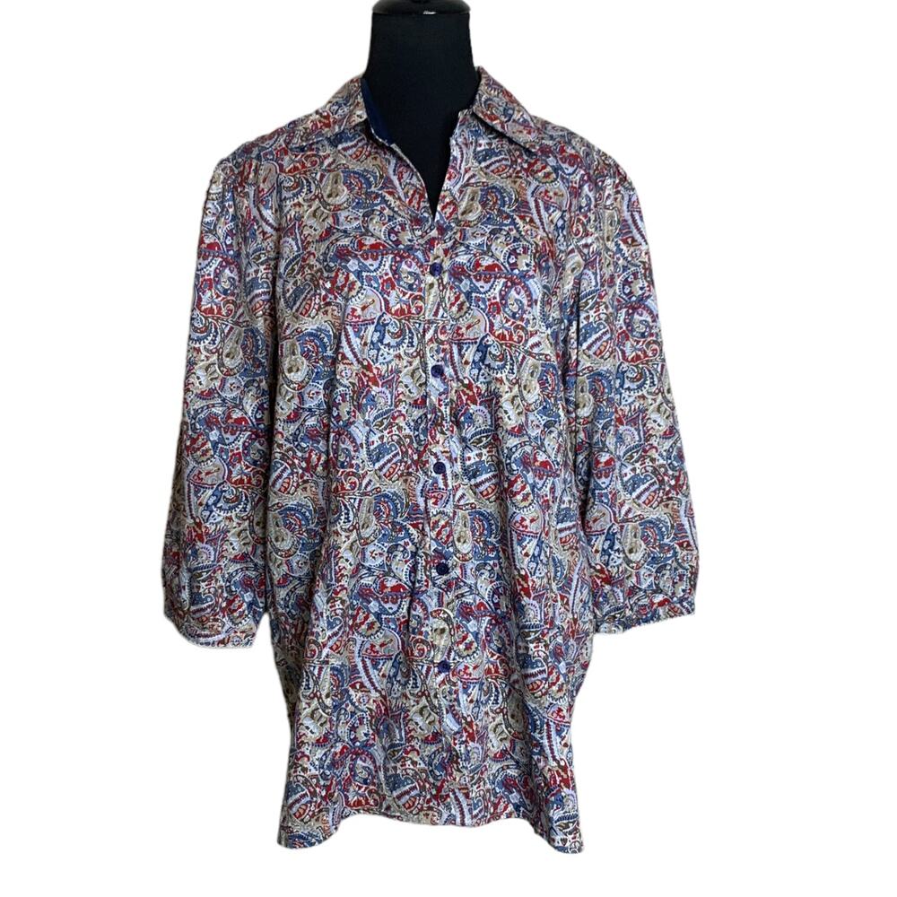 Dressbarn colorful paisley print 3/4 sleeves button blouse size 14/16